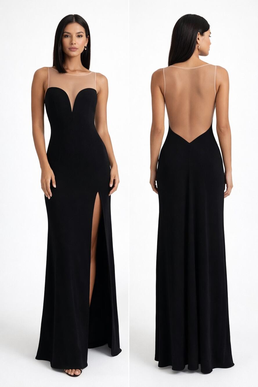 Abbi Vonn Maxi Dress Illusion Mesh Sweetheart Backless Formal Gown Prom Black